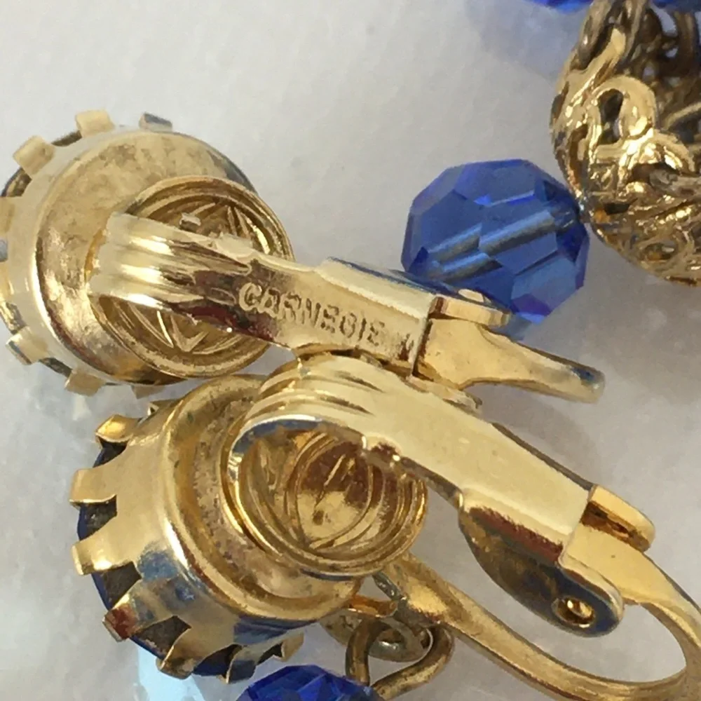 Vintage Hattie Carnegie Signed Austrian Crystal Blue Chandelier Clip Earrings